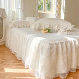 Triogift Solid Color Bed Skirt & Pillowcase Washed Cotton Wrap Around Bedskirt with Embroidered Lace White Pleated Dust Ruffle Bed Sheet