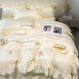 Triogift Flower Embroidery Lace Ruffles Bedding Set Skin-friendly Washed Cotton Princess Style Wedding Duvet Cover Bed Sheet Pillowcases