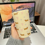 Triogift  -  360ml Cute Water Ice Coffee Cups  Sainless Steel Thermos With Straw Tumbler For Tea Beer Juice Kawaii  Thermal Drink Bottle Gift