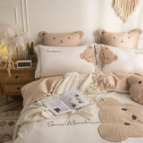 Triogift  Lovely Bear Embroidery Pure Cotton Bedding Set High-end 60s Long-staple Cotton Duvet Cover Set with Sheet Bed Set 3 Pcs To 7 Pcs