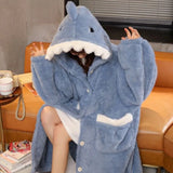 Triogift  Shark Robe for Women Sleepwear Nightdress Winter Night Wears Warm Fleece Pajama One Piece Nightgown Button Long Sleeve Homewear