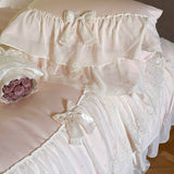 Triogift  Pink Romantic Lace Ruffles Bow French Princess Wedding Bedding Set 1000TC Egyptian Cotton Duvet Cover Set Bed Sheet Pillowcases