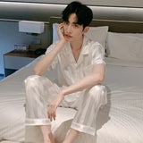 Triogift  White Striped Men Pajamas Suit Short Sleeved Long Pants Thin Ice Silk Sleepwear Summer Satin Silk Home Clothing Set Pyjamas Male