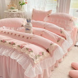 Triogift Princess Style Korean Bed Skirt Bed Sheet Embroidered Ruffle Lace Quilt Cover Ins Bedding For Girls Luxury Home Textiles