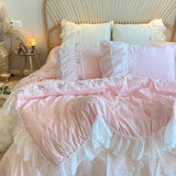 Triogift Pink Korean Princess Style Lace Ruffles Wedding Bedding Set Seersucker Washed Cotton Soft Duvet Cover Set Bed Sheet Pillowcases