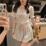 Triogift  Floral Sleepwear Women Korean Reviews Many Pajama Set Summer Home Wear Bow Short Sleeve Pyjamas Two-piece Set Japanese Piiama