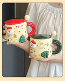 Triogift  - Cartoon Christmas Mug Household Cute Milk Ceramic Cup with Lid and Spoon Accompanying Gift Couple Coffee Cup