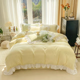 Triogift Chic Ruffle Lace Duvet Cover Set for Girl Yellow Princess Comforter Cover 3 Piece Bedding with Zipper Closure Soft Bedroom Decor