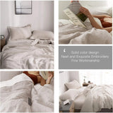 Triogift  100% Washed Linen Duvet Cover With Embroidered Comforter Sets 3 Pieces Soft Farmhouse Comforter Set