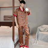 Triogift  High Quality Pajamas Suit Men Summer Ice Silk Short Sleeved Long Pants Thin Male Satin Sleepwear Youth Homewear Set Gentlemen