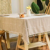 Triogift Rectangular Dustproof Tassels Table Cover,Linen Cotton Embroidery Lattice Tablecloth,for Kitchen Dinning Coffee Table Decoration