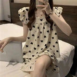 Triogift  Heart Print Women Pajamas Sets for Home Summer Sleepwear Shorts Sleeve 2 Pieces Night Wears Korean Square Collar Home Suit