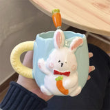 Triogift  -  Korean Style Cute Rabbit Ceramic Mug Cartoon Hand-painted Embossed Coffee Cup Household Milk Cup with Handle Spoon suit