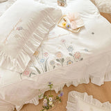 Triogift  Ruffle Trim White Flower Embroidery Cotton Bedding Set Duvet Cover Linen Fitted Sheet Pillowcases Home Textile