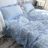 Triogift  Quilt Cover INS Girl Blue Solid Color Seersucker Ruffles Lace Bedding Set Kawaii  Soft Sheet Woman Duvet Cover Pillow Covers