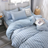 Triogift  Blue White Striped Bedding Set Queen Double Size Bed Linen Plain Reactive Printed Single Quilt Cover Flat Sheet Pillowcase