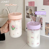 Triogift  -  600ml Kawaii Glass Bottle For Water Coffee Drinks BPA Free Clear Milk Juice Bubble Tea Glass Cup With Lid And Straw  Girl  Gift