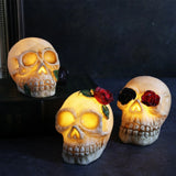 Triogift  Halloween Luminous Resin Skull Head LED Terror Skull Decoration Prop Skeleton Head with Rose Flower Halloween Decoration