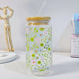 Triogift  -  Cute Flower Glass Cups Tumber With Bamboo Lid And Straw 500ml Can Shaped Glass Cups Iced Hot Coffee Tea Juice Glasses Gift