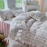 Triogift  Chic Duvet Cover Set Cotton King Size Double Bed Print Floral Princess 4pcs Bedding Set Ruffle Skirted Bedspread 2 Pillowcases