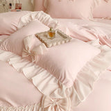 Triogift  Chiffon Lace Bedding Set Pink France Romantic Princess Wedding Ruffles Bow Soft Duvet Cover Bed Sheet Pillowcases Home Textile