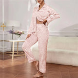 Triogift  Spring Womens Silk Chemise Women Fashion Pajama Stripe Sets Long Sleeve Button Down Sleepwear Nightwear Soft Pjs Lounge Sets