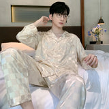 Triogift  HIgh Quality Pajamas Set Men Spring Autumn Simple Classic Ice Silk Sleepwear Male Two piece Suit Youth Home Clothing Outdoor Boy