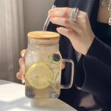 Triogift  -  Cute Glass Cup With Bamboo Lid Straw For Coffee Water Milk Tea Juice Portable Glass Bottle Girl Large Drinking Bottle Gift 620ml