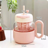 Triogift  -  600ml Kawaii Glass Cup With Lid And Straw For Ice Hot Coffee Water Tea Juice Glass Mug Bottle Aesthetic Large Drink Bottle Gift