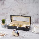 Triogift 6 Slot PU Leather Watch Box Display Case Jewelry Organizer with Glass Top