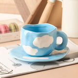 Triogift  -  Hand painted blue sky and white clouds Coffee cup dish set ceramic cup Mug milk breakfast cup cute cup  coffee mugs  teacup