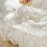 Triogift 100% Cotton Princess White Bedding Sets Korean Ruffle Bedspread Flower Embroidery Duvet Cover Bed Skirt Pillowcases Home Textile