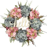 Triogift  Artificial Hydrangea Wreath for Front Door Home Decoration Hydrangea Garland Wall Background Wedding Party Decor Hello Wreath