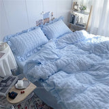 Triogift  Quilt Cover INS Girl Blue Solid Color Seersucker Ruffles Lace Bedding Set Kawaii  Soft Sheet Woman Duvet Cover Pillow Covers