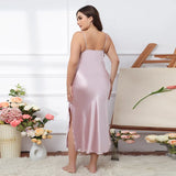 Triogift  Large size Women Sleepwear Summer Homewear Solid Satin Seemless Midi Nightdress Plus Size Spaghetti Strap Nightgown 60-75kg