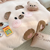 Triogift  Cute Cartoon Bear Soft Comfortable Velvet Fleece Towel Embroidery Bedding Set Duvet Cover Linen Fitted Sheet Pillowcases