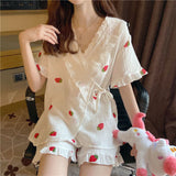 Triogift  Cotton Sleepwear Korean Pajamas for Women Summer Cherry Print Pyjamas Female Set Woman 2 Piece Cute Loungewear