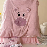 Triogift  Pink Cartoon Pig Towel Embroidery Bedding Set Warm Thick Winter Duvet Cover Linen Fitted Sheet Pillowcases Gifts For Children