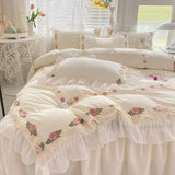 Triogift Korean Princess Bedding Set Flowers Lace Ruffles Duvet Cover Set Bed Sheet Pillowcase Solid Color Bed Linen for Girls Queen Size