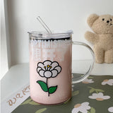 Triogift  -  1000ml Glass Cups With Lid  And Straw Drinkware Cute Coffee Mugs Big Glasses For Drinks Water Tea  Korean Milk Juice Beer Cup