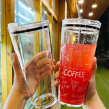 Triogift  -  M450ml Transparent Glass Cup Coffee Mug With Lid Straw Heat-Resistant Glass Water Bottle Glasses For Drinks Milk Wine Cup