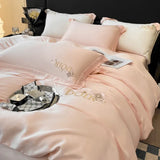 Triogift  Embroidery 100% Lyocell Fiber Duvet Cover Set 220x240 High End Skin Friendly King Size Bedding Set Luxury Soft Pink Bedding Sets