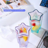 Triogift  -  1set Glass Cup with Straw and Lid Five-Pointed Star Glass Color Gradient Mug Cold Drink Ice Coffee Mug Drinkware Desktop Decor