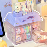 Triogift Transparent Desktop Storage Box Creative Small House Pen Holder Student Kawaii Stationery Cosmetic Organizer Rack Drawer Cute