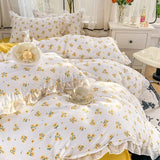 Triogift French Golden Sunflower Floral Lace Seersucker Bedding Set Washed Cotton Four-piece Set Student Bed Sheet Three-piece Set