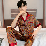 Triogift  High Quality Pajamas Suit Men Summer Ice Silk Short Sleeve Thin  Sleepwear Satin Paisley Print Sleepwear Teen Loungewear Male