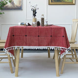 Triogift Rectangular Dustproof Tassels Table Cover,Linen Cotton Embroidery Lattice Tablecloth,for Kitchen Dinning Coffee Table Decoration