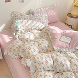 Triogift  Romantic French Lace Ruffles Bedding Set Girls Couple Pastoral Flowers Duvet Cover Bed Sheet Luxury Bedclothes for 1.5/2.0m