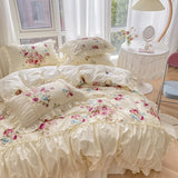 Triogift Korean Style Bedding Sets Luxury 100% Cotton Floral Print Princess Lace Ruffle Duvet Cover Bed Skirt Bedspread Pillowcases