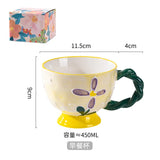 Triogift  -  1pc 450ml Ceramic Hand-painted Embossed Breakfast Mugs Large Capacity Oatmeal Cups Cute Creative Milk Cups Coffee Cups Gifts